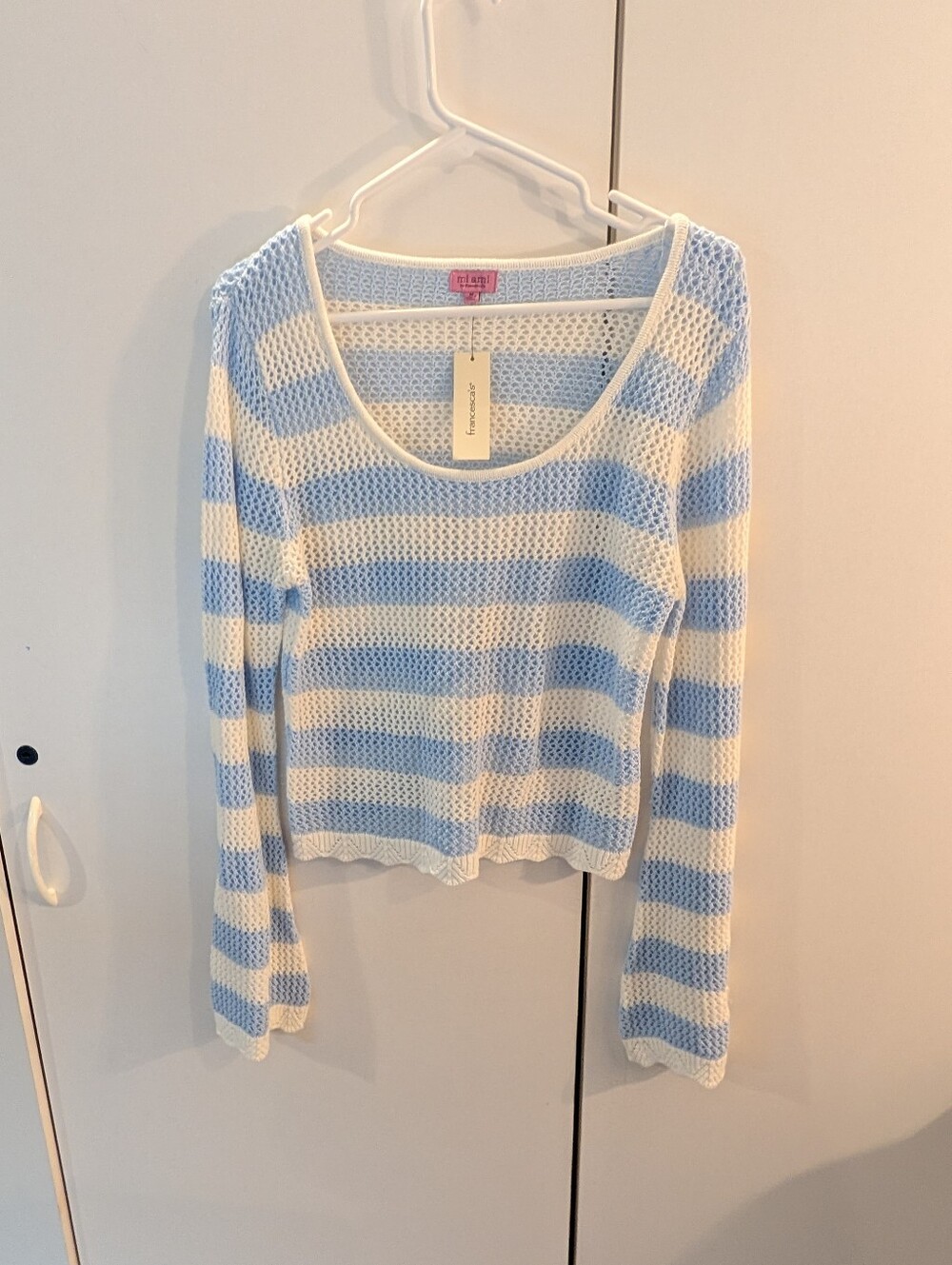 Mi Ami Light Blue and White Striped Open-Knit Sweater - Women Medium NWT